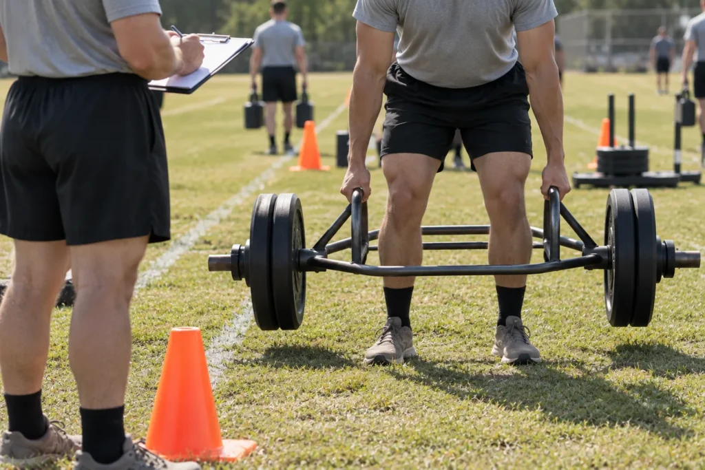 Person with a clipboard beside a lane as another prepares to lift a hex bar