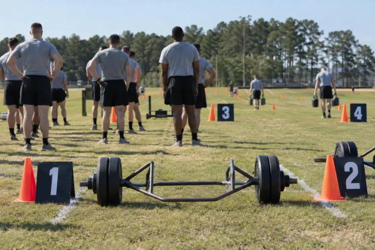 Marked test lanes on a grass field with a hex bar and soldiers waiting behind