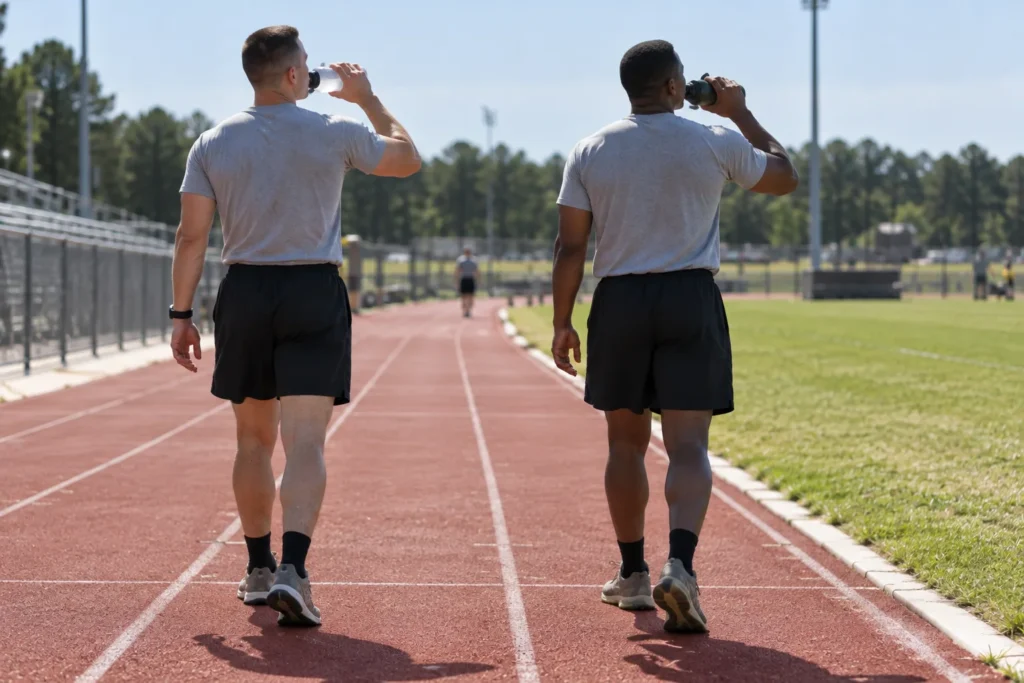 Two people in gray PT gear walking a track lane with water bottles