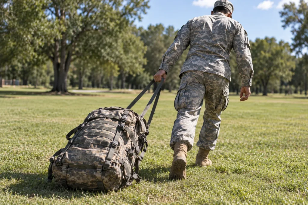 Person dragging a loaded backpack across grass in a park