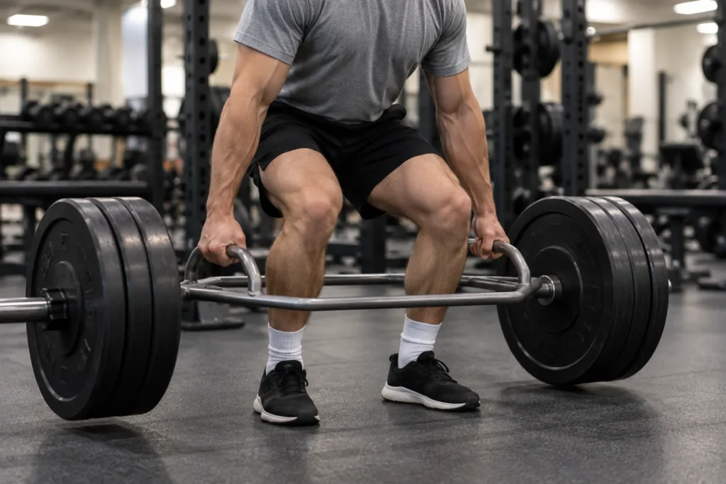 Person in a gray PT shirt lifting a loaded hex bar in a gym