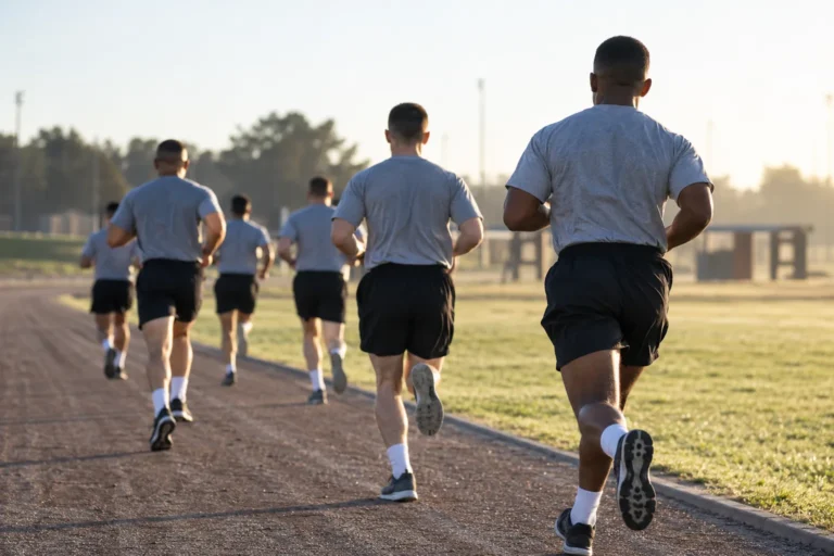 Soldiers in gray PT uniforms running on an outdoor track at sunrise