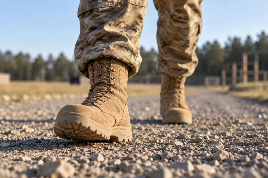 Tan combat boots and uniform trouser cuffs on a gravel path