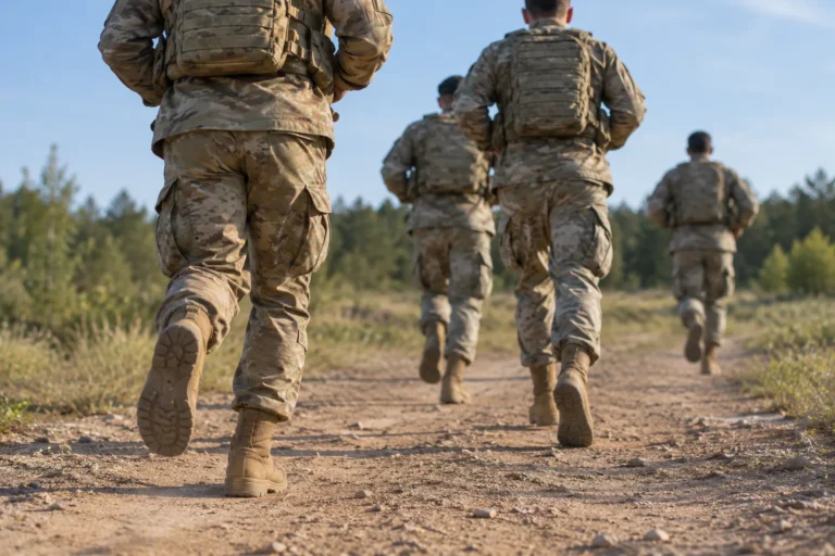 Soldiers in combat uniforms and boots running on a dirt training trail