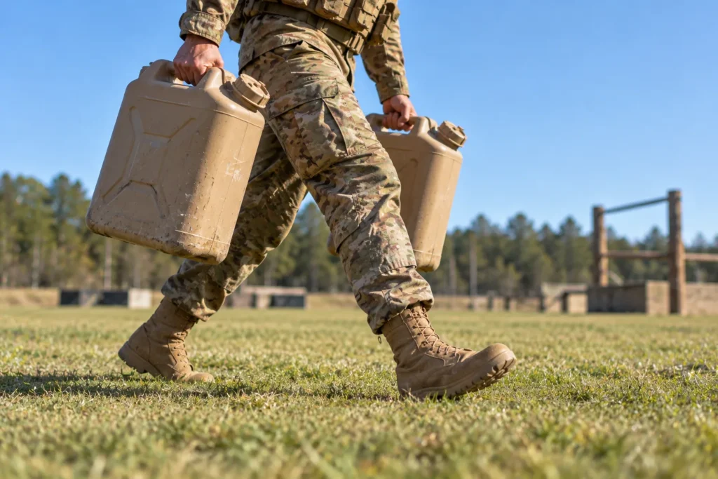 Soldier carrying two plastic water cans across a grass field